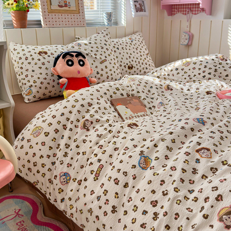 ins风可爱豹纹蜡笔小新皱皱纱床上四件套学生单人宿舍床单三件套4,床上用品,床品套件/四件套/多件套,淘宝优惠券,粉丝福利购,淘宝优惠卷