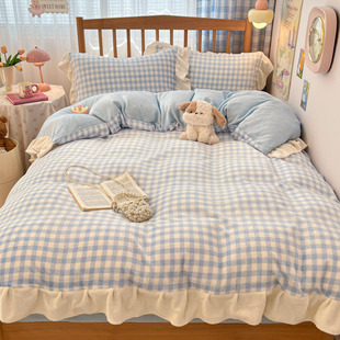秋冬天蓝色格子加厚牛奶绒花边四件套双面珊瑚加绒床单被套三件套