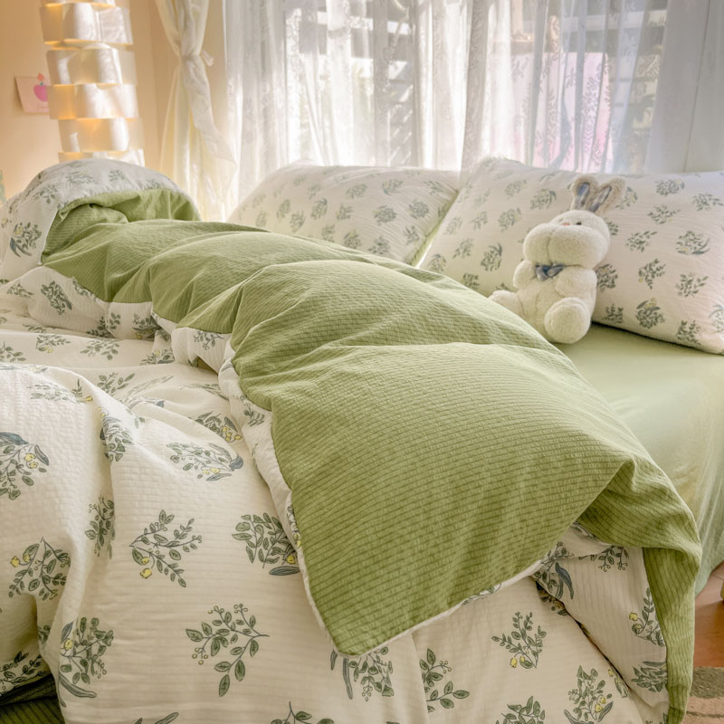A类韩式ins绿色碎花泡泡水洗棉床上四件套宿舍单人床单被套三件套