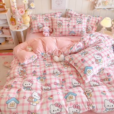 粉色少女KT猫珊瑚绒单件被套双面绒牛奶绒宿舍法兰绒150*200*230
