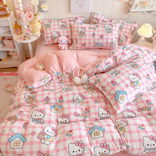 粉色少女KT猫珊瑚绒单件被套双面绒牛奶绒宿舍法兰绒150*200*230