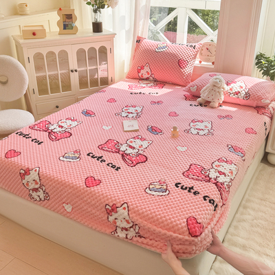 冬天粉色猫咪豆豆绒加厚牛奶绒床单床笠单件冬季保暖床套防滑床罩