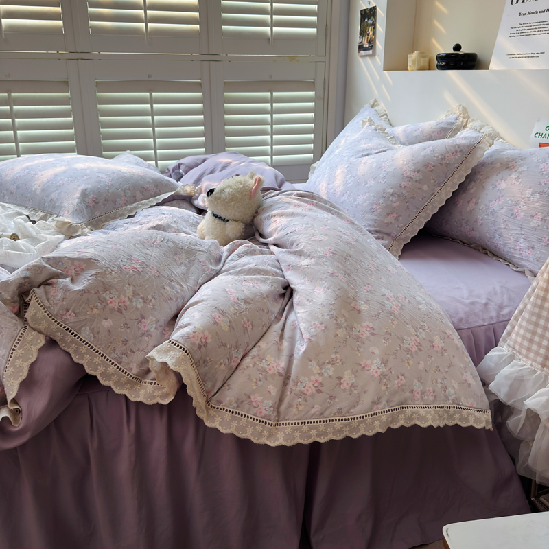 韩式ins紫色小碎花公主风花边超柔四件套床裙被套少女心床上用品4