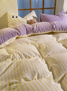 ins少女紫色条纹AB面珊瑚绒四件套单面牛奶绒加绒床单被套三件套4