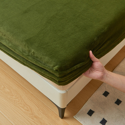 秋冬季橄榄绿加绒牛奶绒床单床笠单件冬季加厚保暖床套防滑毛床罩