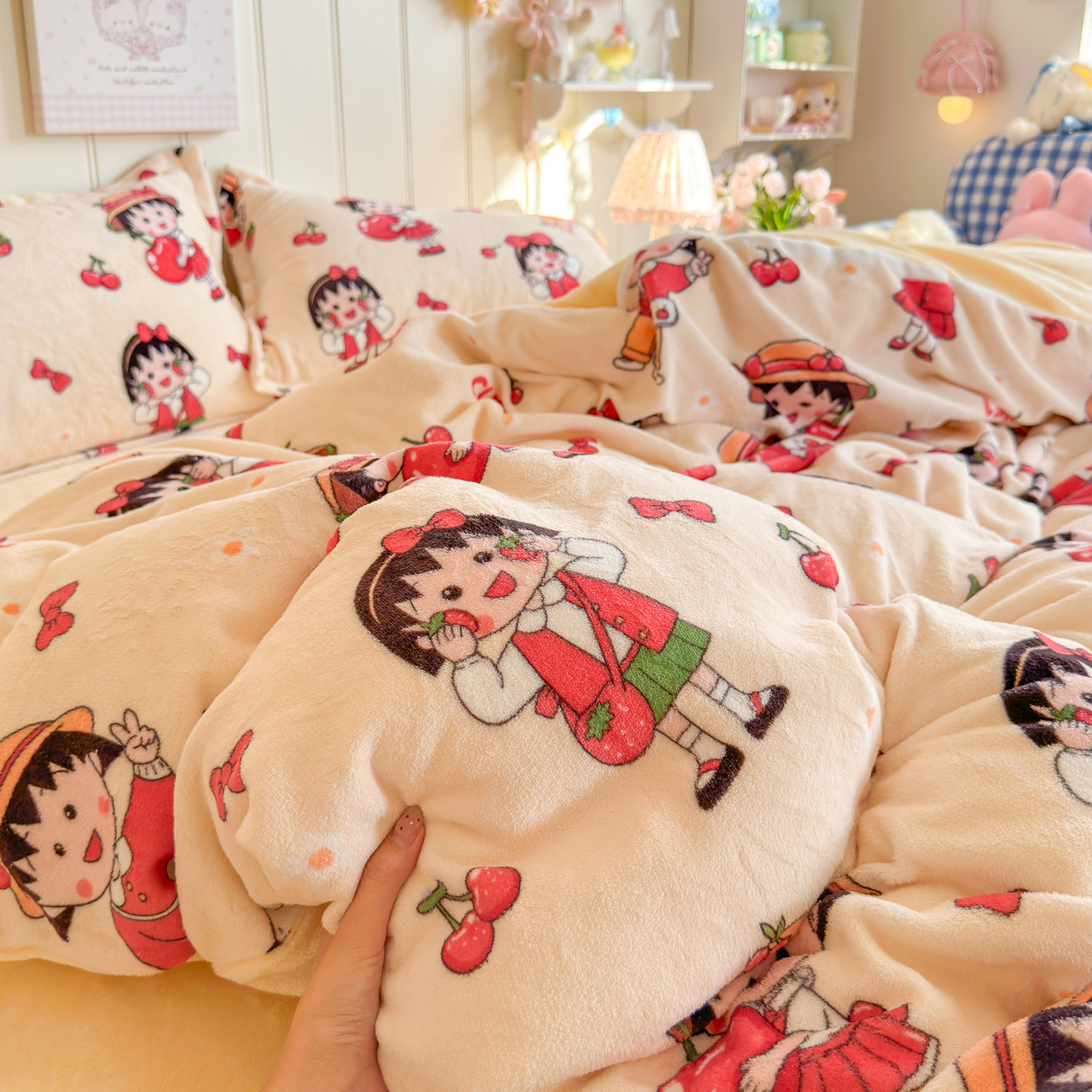ins樱桃小丸子珊瑚绒单件被套双面绒牛奶绒宿舍法兰绒150*200*230