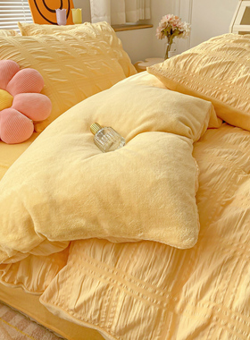 韩国ins风橙色泡泡纱AB面珊瑚绒四件套牛奶床单被套单面绒三件套