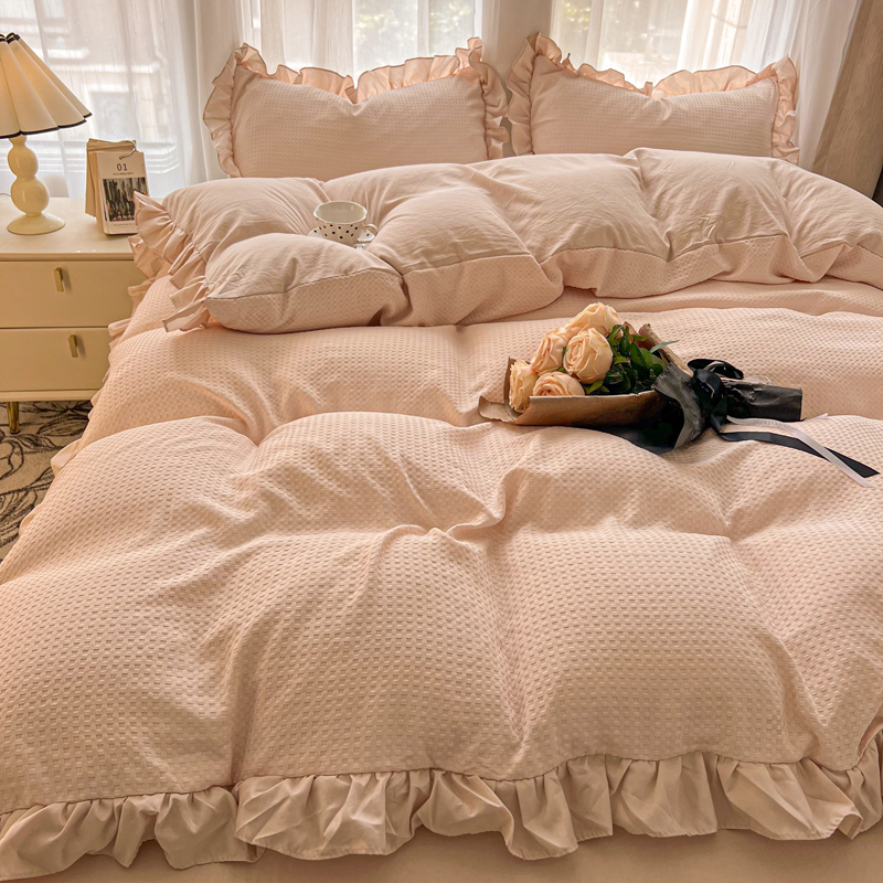 北欧简约华夫格少女心水洗棉花边四件套被套床单宿舍单人三件套4