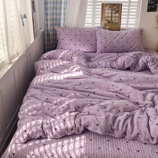 冬天少女紫色爱心保暖牛奶绒床盖四件套双面绒珊瑚绒加厚床单被套