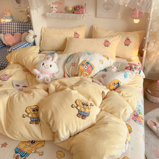 秋冬季 海绵宝宝毛巾绣保暖牛奶绒四件套双面珊瑚绒被套床单三件套