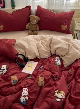ins大红色可爱小兔子毛巾绣水洗棉被套单件非全棉被罩150x200x230