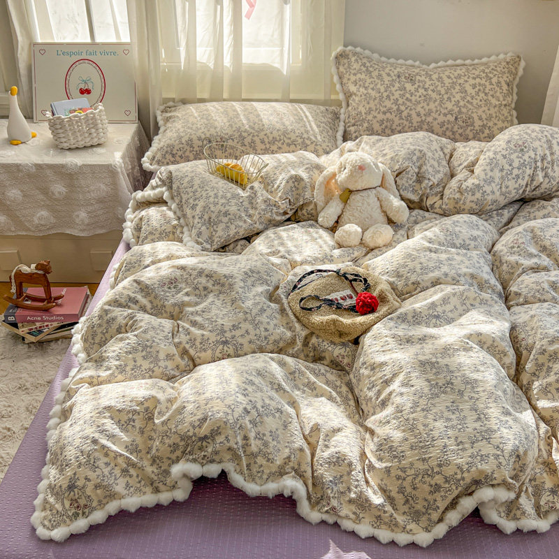 ins少女心复古碎花毛球水洗棉床上四件套被套学生宿舍床单三件套,床上用品,床品套件/四件套/多件套,淘宝优惠券,粉丝福利购,淘宝优惠卷