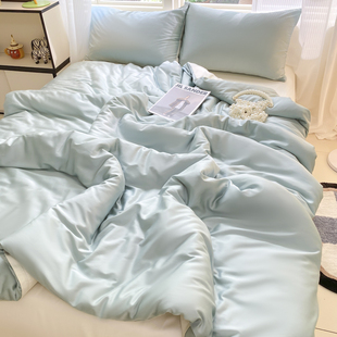简约纯色水洗真丝滑四件套空调冰凉感冰丝床单被套宿舍三件套 夏季