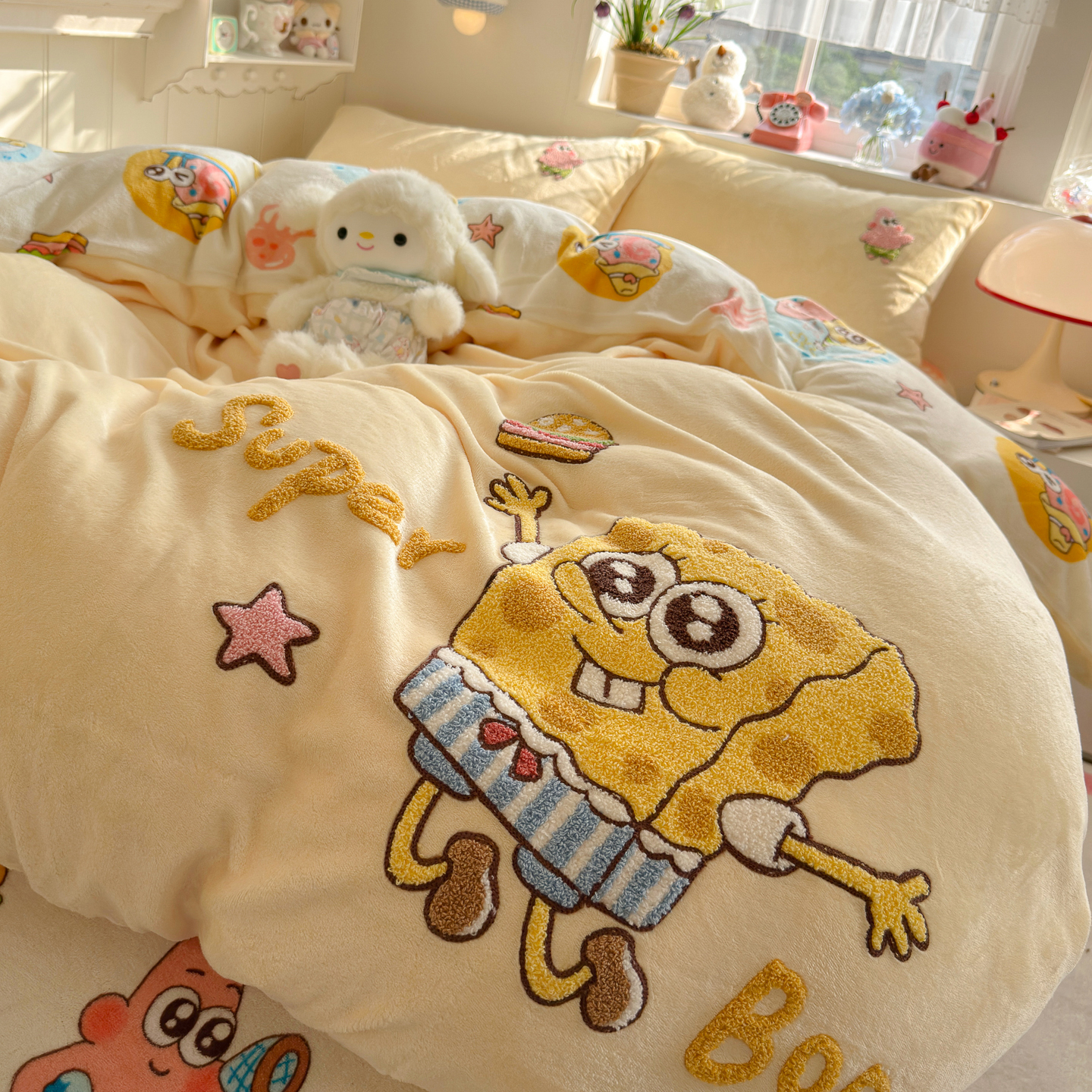 冬季海绵宝宝毛巾绣牛奶绒四件套双面珊绒瑚绒宿舍被套床单三件套