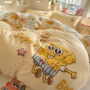 冬季 海绵宝宝毛巾绣牛奶绒四件套双面珊绒瑚绒宿舍被套床单三件套