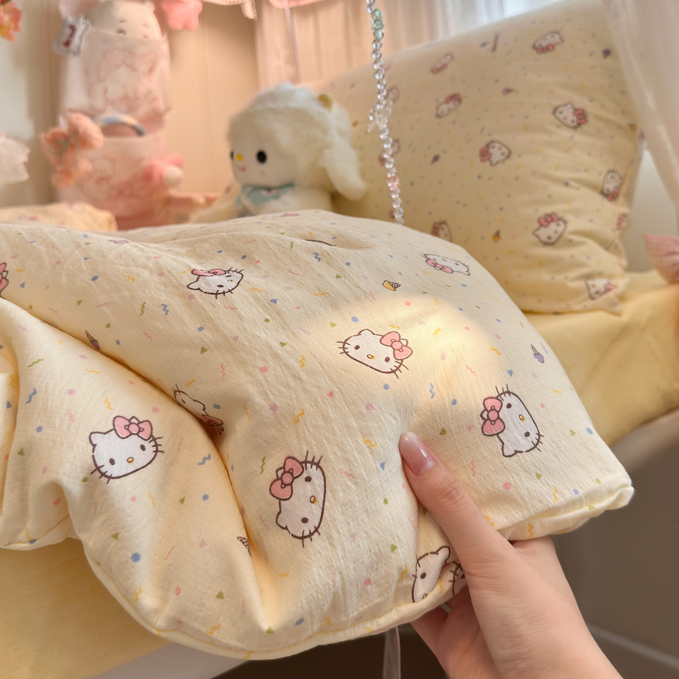 ins风可爱少女心彩色KT猫水洗棉四件套非纯棉学生宿舍床单三件套4