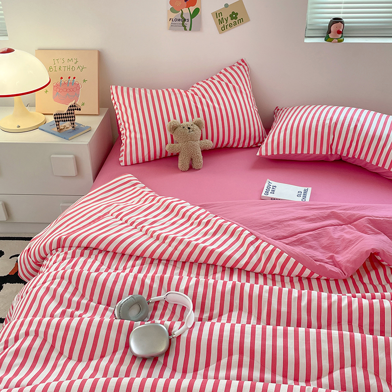 ins简约红色条纹水洗棉夏被四件套夏凉被可机洗轻薄被子空调被芯