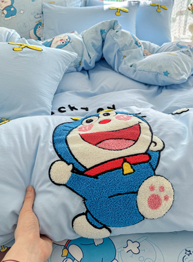 ins蓝色哆啦A梦毛巾绣水洗棉床上四件套被罩学生宿舍床单三件套4