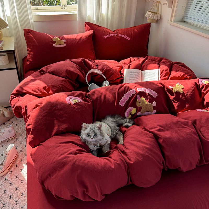 ins风本年年大红小马毛巾绣水洗棉床上四件套被套宿舍床单三件套4,床上用品,床品套件/四件套/多件套,淘宝优惠券,粉丝福利购,淘宝优惠卷