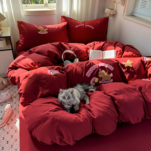 ins风本年年大红小马毛巾绣水洗棉床上四件套被套宿舍床单三件套4