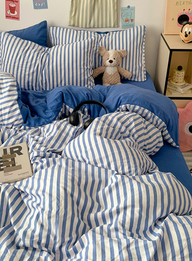 北欧超柔简约蓝色条纹水洗棉四件套非纯棉床单被套学生宿舍三件套