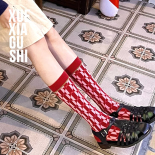 库存不多 小众设计红色小腿袜菱形格女高端长筒袜ins街头高筒袜子