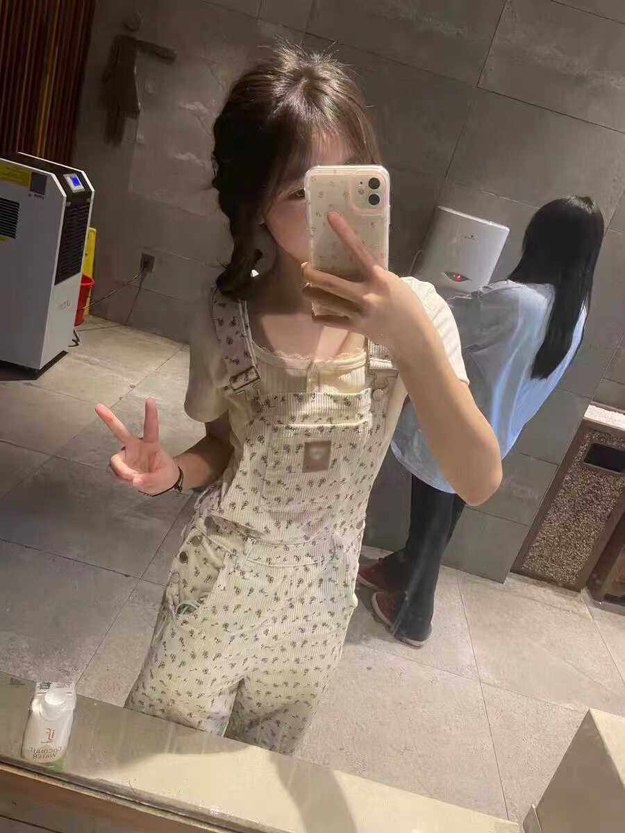 美式复古甜美小众碎花背带裤女学生韩版夏季新款高腰显连体裤ins