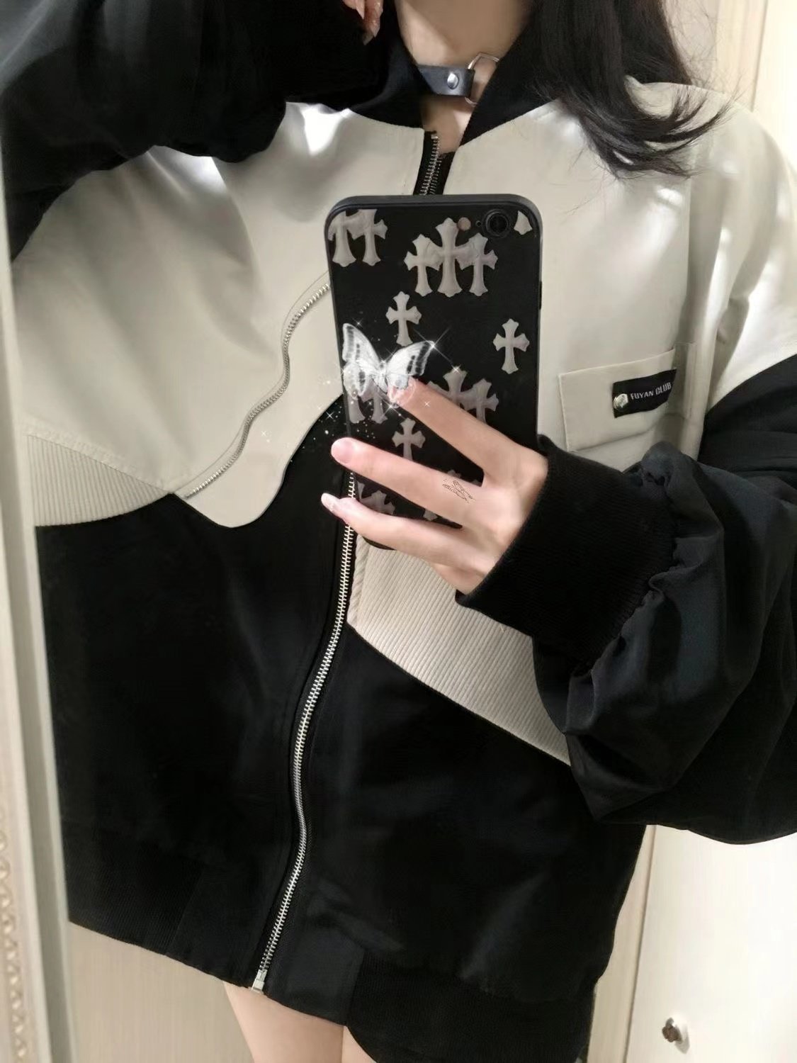 美式黑白撞色立领不对称夹克女2024春秋新款外套宽松百搭休闲夹克