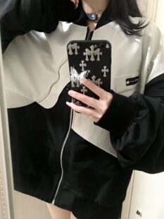 美式黑白撞色立领不对称夹克女2024春秋新款外套宽松百搭休闲夹克