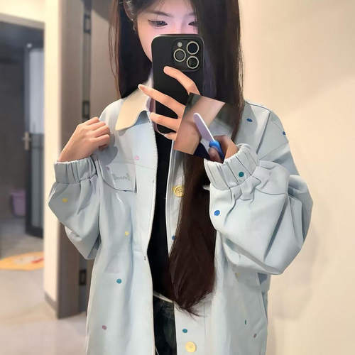 彩色波点夹克开衫女2025春秋新款甜美宽松百搭翻领外套多巴胺夹克