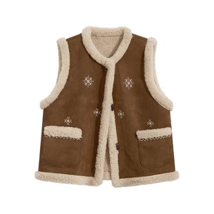 复古鹿皮绒马甲女2025秋冬款宽松加绒加厚刺绣保暖羊羔毛坎肩外套