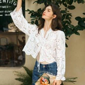 女春季 2026年新款 奶白色罩衫 衬衫 镂空纯棉蕾丝花边长袖