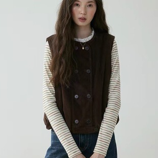 法式 通勤外搭坎肩上衣 复古花苞灯芯绒双排扣马甲外套女春秋无袖