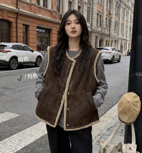 潮流复古港风马甲圆领毛毛马夹秋冬加绒加厚新款 女生韩系ins衣服