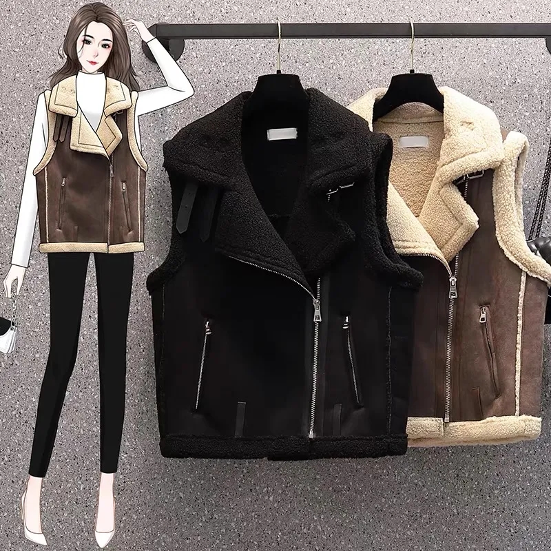 皮毛一体仿羊羔毛马甲女2025新秋冬季加厚背心机车马夹羊羔绒外套