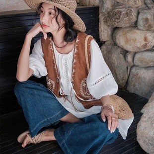 明线马甲复古百搭单排扣波西米亚风叠穿外穿短款 背心女 无袖