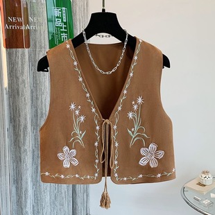 民族风度假波西米亚叠穿花朵刺绣系带马甲复古新疆草原穿搭小坎肩