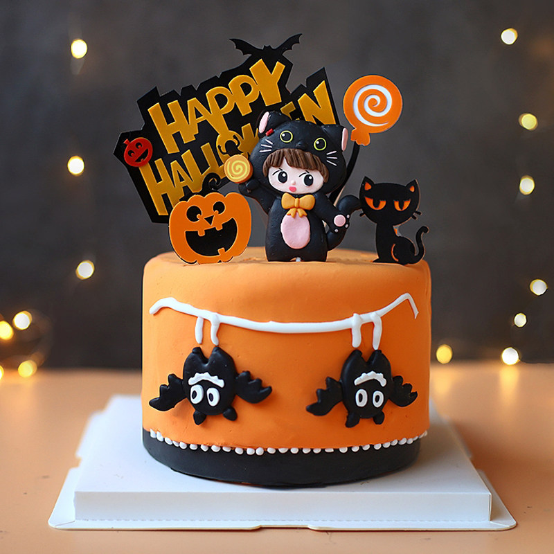 万圣节烘焙蛋糕装饰 卡通软陶黑猫服小孩 亚克力南瓜火把蝙蝠装饰