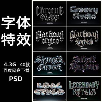 潮流科幻未来3D金属哥特酸性字体设计ps样机特效生成PSD模板合集