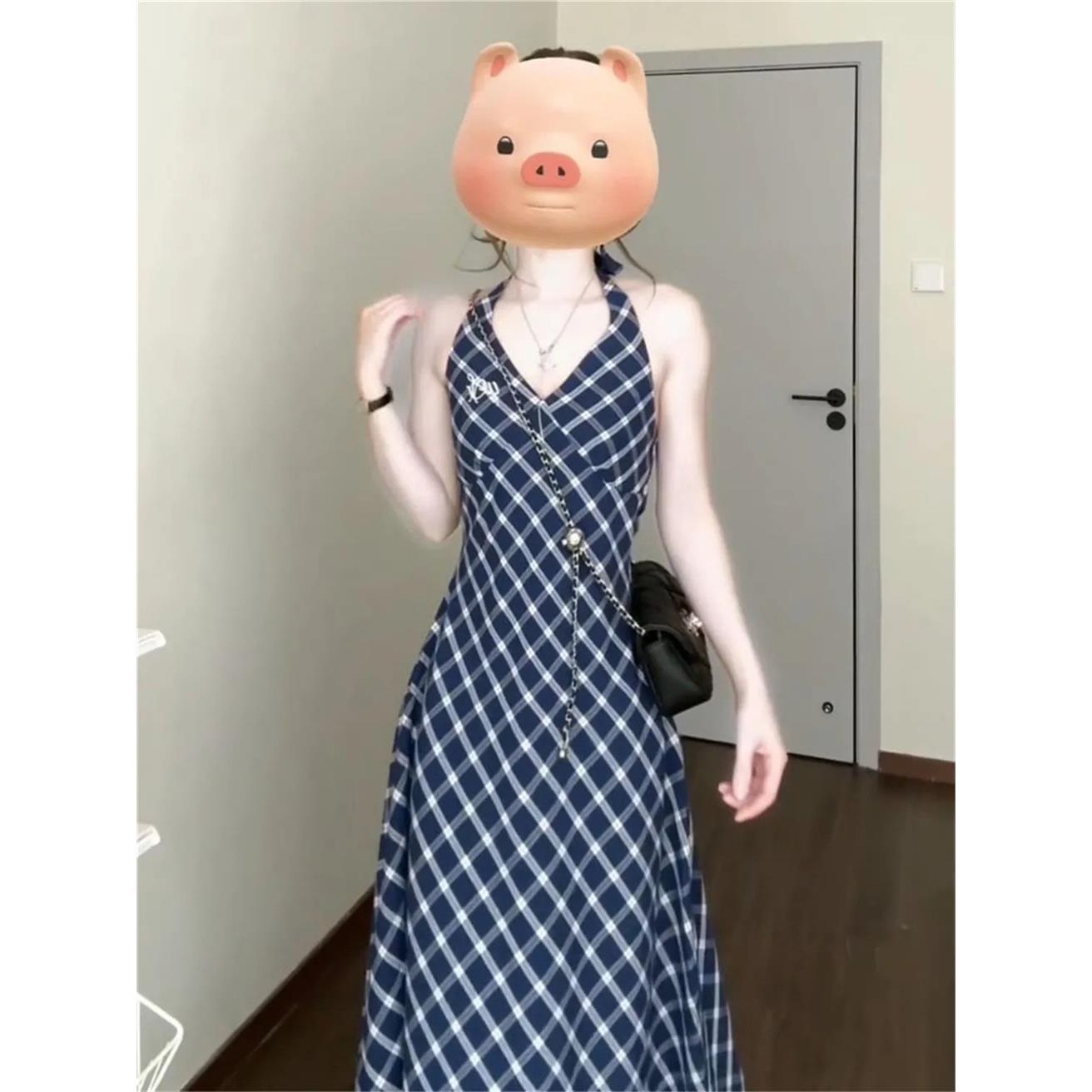 法式格子吊带连衣裙女装2