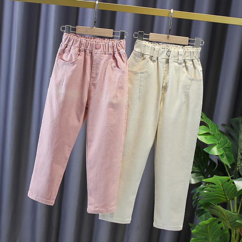 女童裤子春秋装长裤秋季休闲米色大童直筒裤白色儿童牛仔女孩粉色