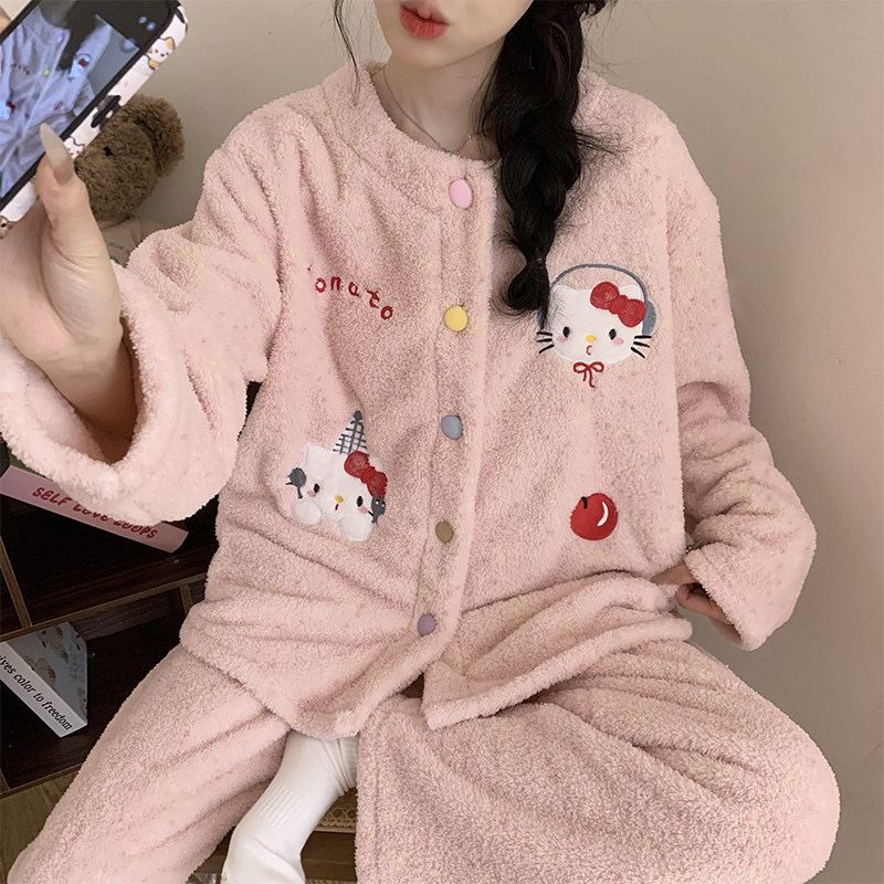 秋冬保暖半边绒开衫女士睡衣套装