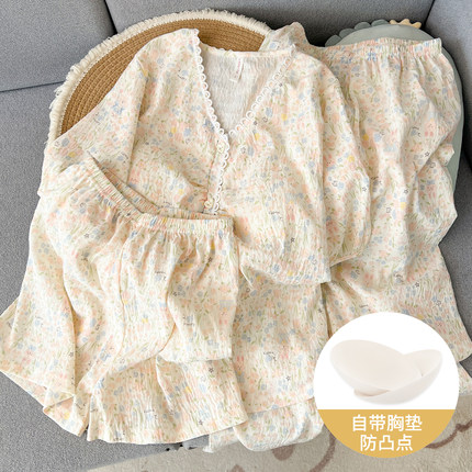 带胸垫新款休闲短袖长裤三件套网红风夏季可爱卡通睡衣女士家居服