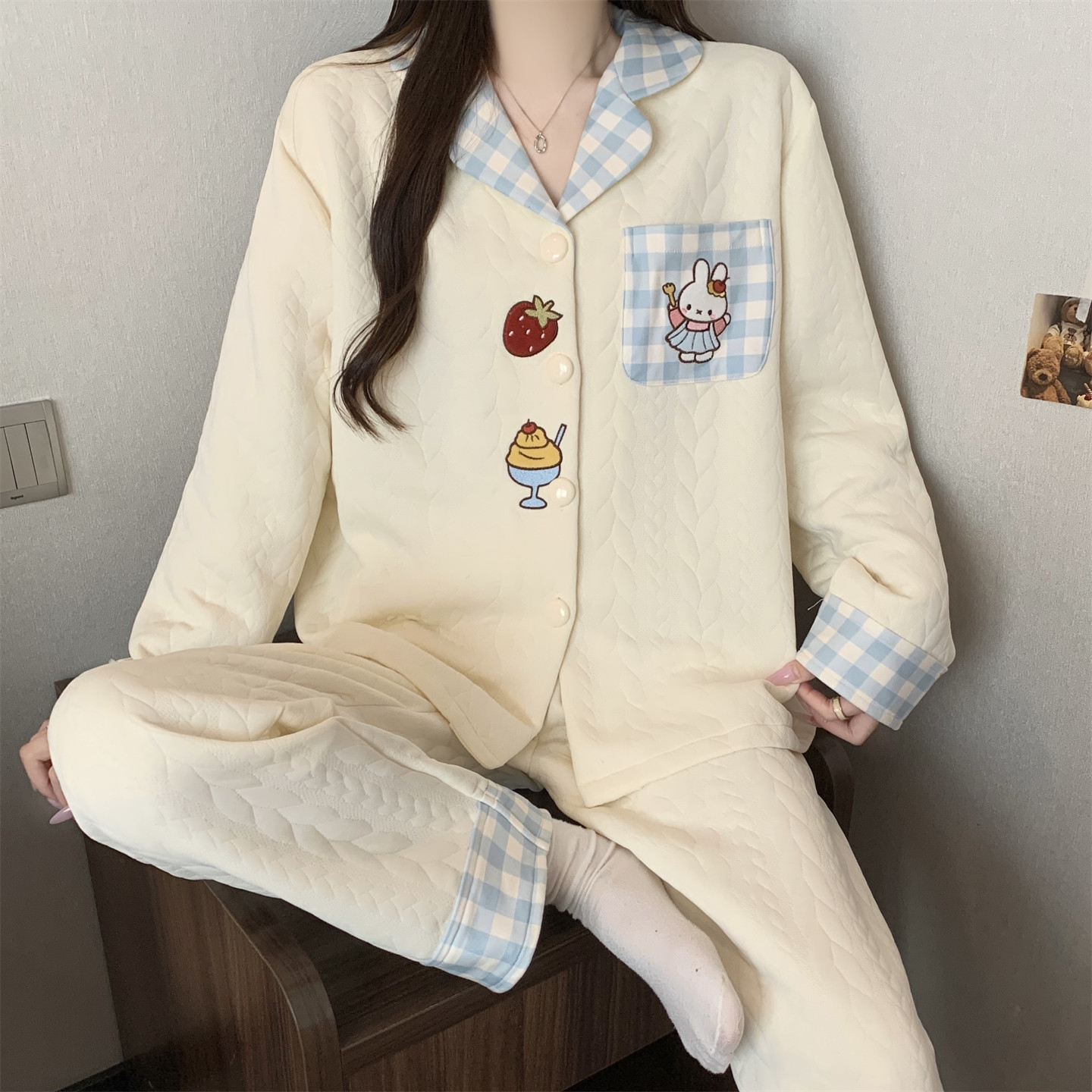 韩系秋冬空气夹层保暖女睡衣套装