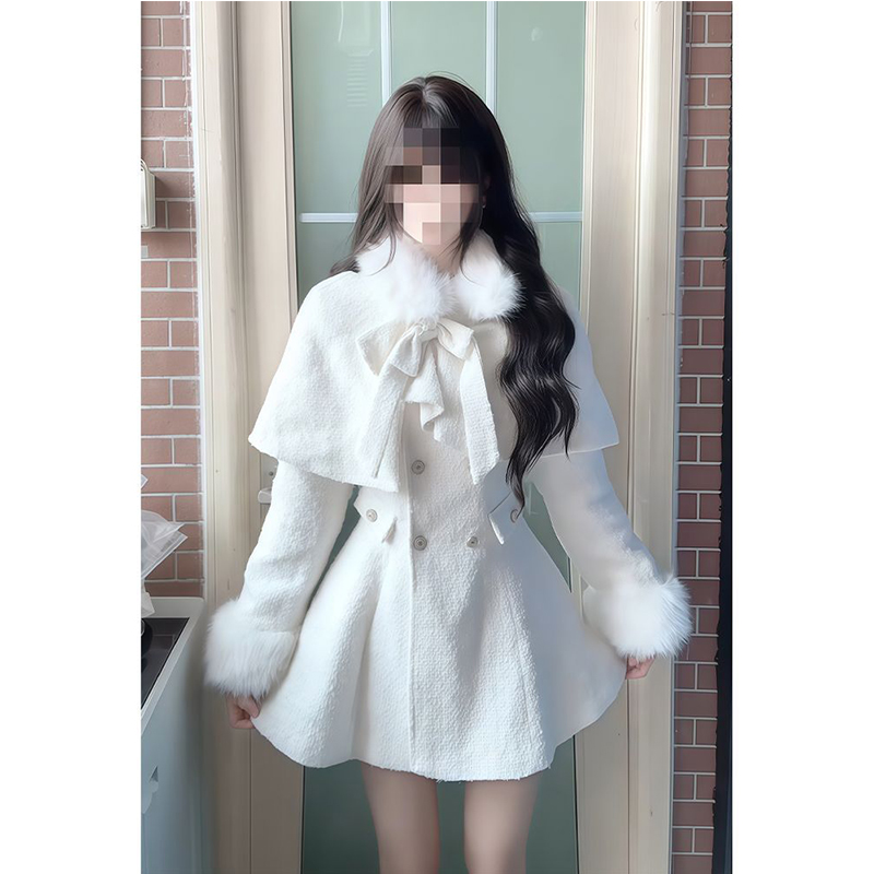 【冬日千金】小香风套装女蝴蝶结斗篷+收腰外套连衣裙气质一套装