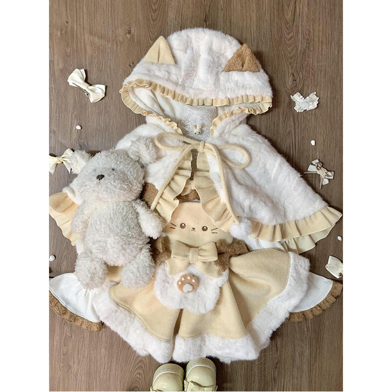 日系甜美可爱洛丽塔三件套蝴蝶结长袖上衣斗篷外套猫咪背带裙套装