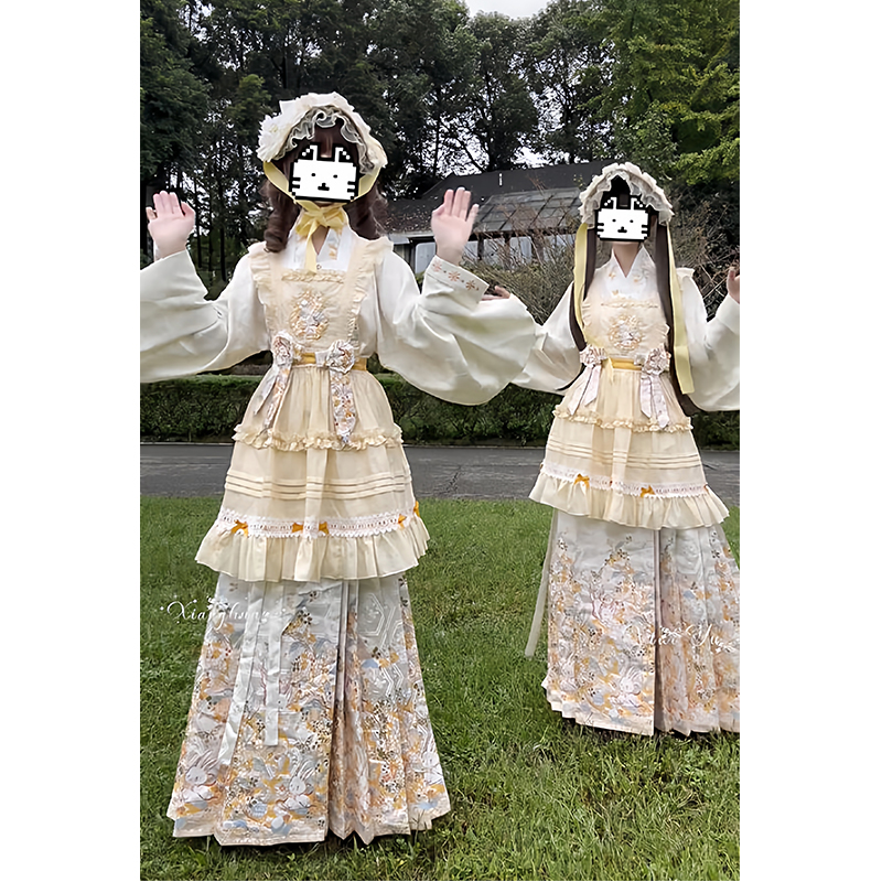金枝黄色兔影汉洋折衷汉服女琵琶袖马面裙刺绣罩裙lolita裙闺蜜装