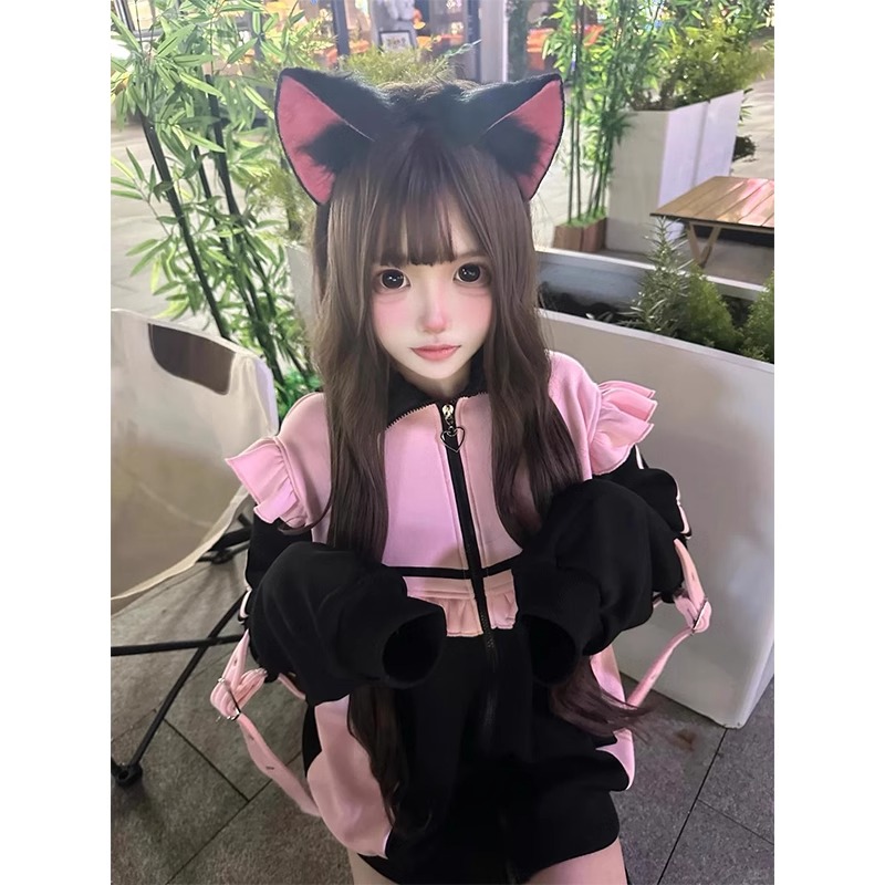 黑粉日系亚文化二次元卫衣可爱软萌宅长袖猫耳连帽外套