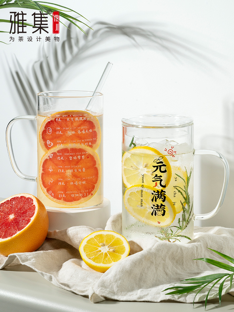 雅集茶具玻璃杯果茶杯子大容量吸管玻璃杯茶杯大肚水杯带盖吨吨桶