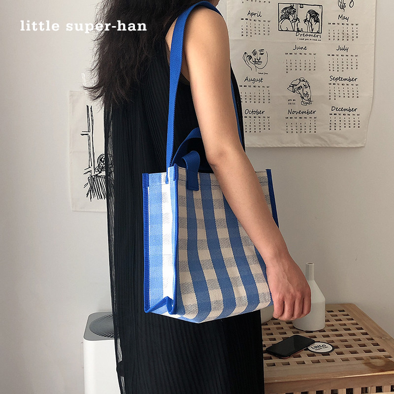 韩国大容量 手提单肩帆布包Ins简约百搭格子防水包Chic环保购物袋
